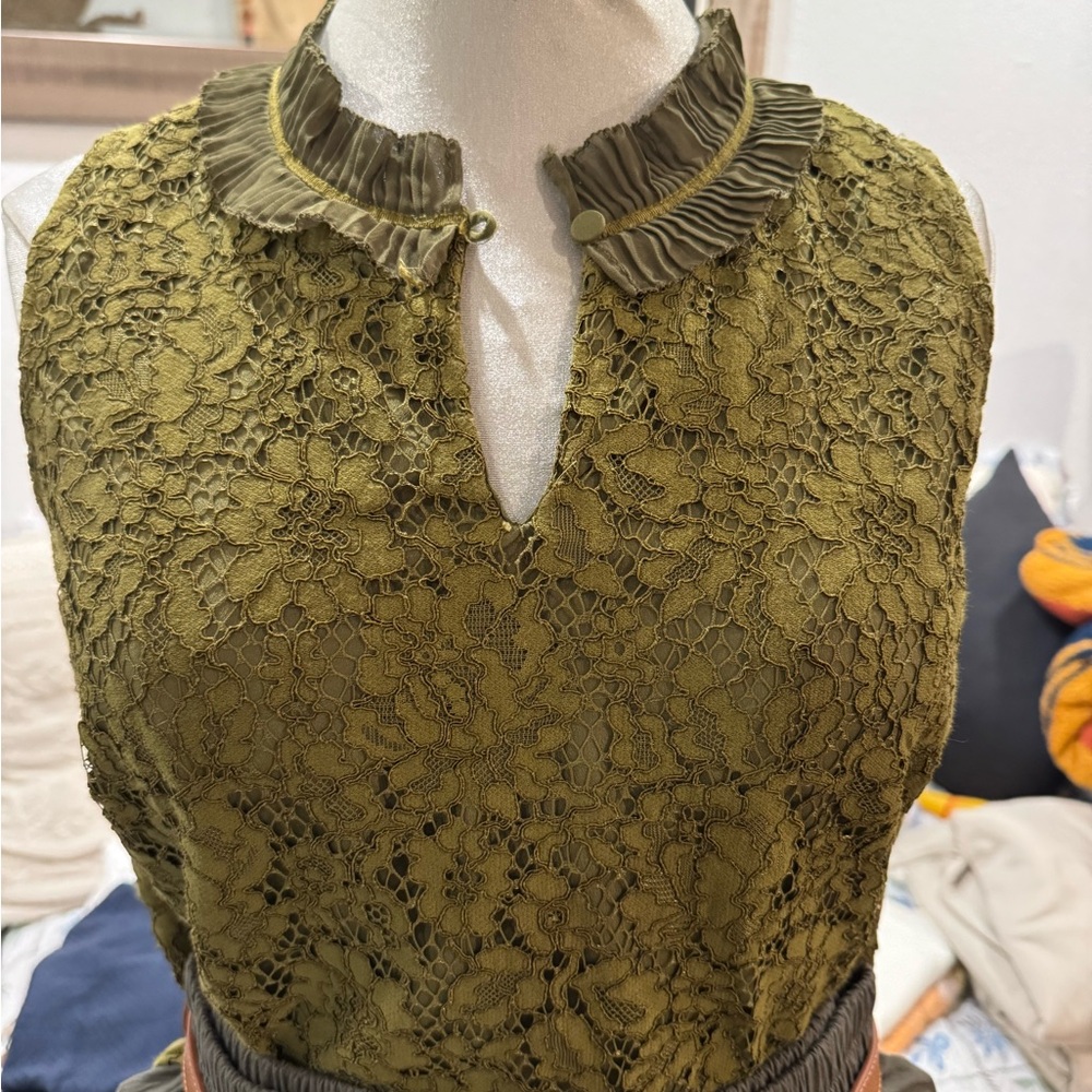 J Crew - Green Ruffled Blouse with Mandarin Collar